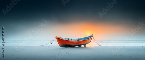 Vibrant orange boat on a serene, sandy beach at dawn, with ropes tied