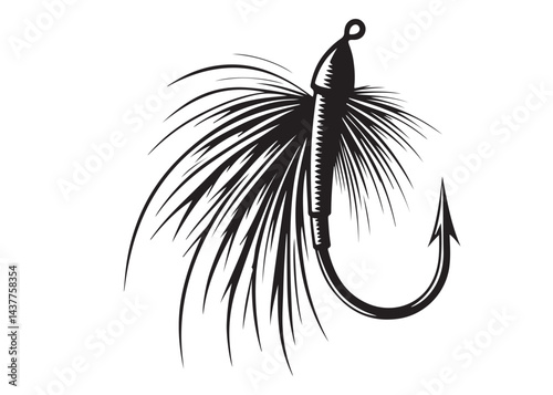 Black silhouette of a fly fishing logo vector, fly fishing lure logo icon silhouette, fly fishing hook silhouette, fly fishing flies silhouette vector design on white background 