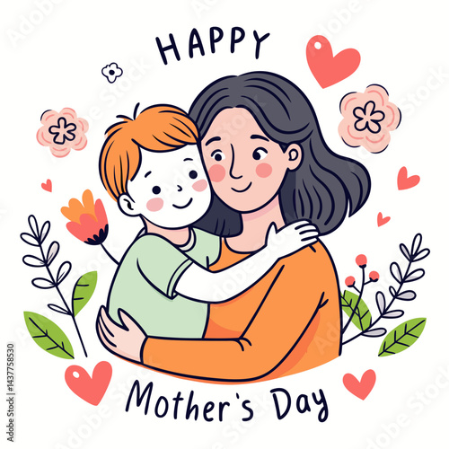 Hand drawn illustration design of mother hugging her child Happy Mothers Day 