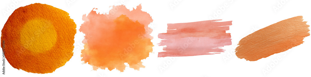 Obraz premium Four distinct watercolor splashes in orange hues showcase varying shapes and textures, perfect for creative projects and design applications