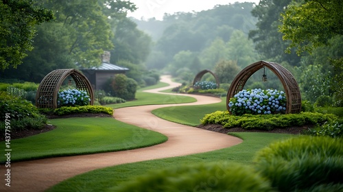 Serene garden path winds through lush greenery with floral accents