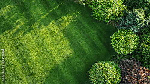 Green lawn meets garden, aerial view. Lush foliage and manicured grass create a peaceful scene. Sunlight.