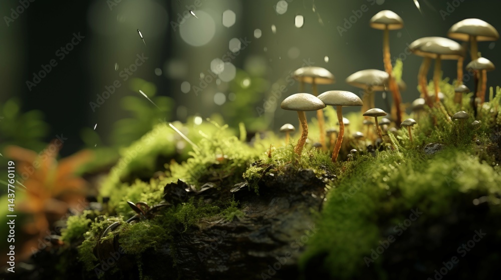 Fototapeta premium Close-up moss and tiny fungi filling the bottom