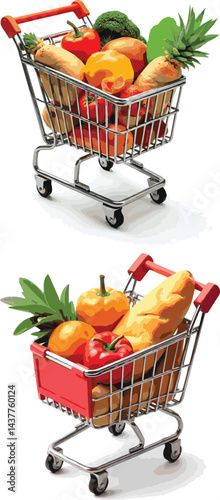 Create a kinds Shopping trolley, basket, bag with grocery food. Vegetables, fruits, berries, dairy, bread, past and other groceries, goods. Healthy eating concept. Isometric vector illustration.