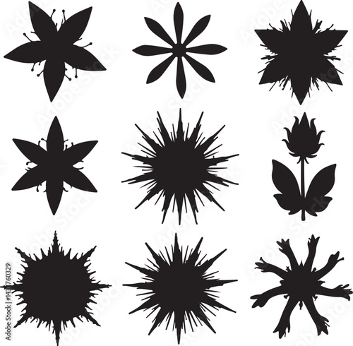 Create a kinds of Y2k style geometric shape and symbol collection silhouette vector set of stars and flowers, ovals and blobs, abstract forms and meatballs design elements for retro futuristic.