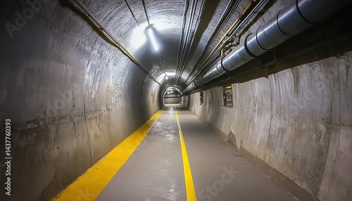 Underground tunnel with pipes and lights. Gray concrete walls and floor with a yellow line path.
