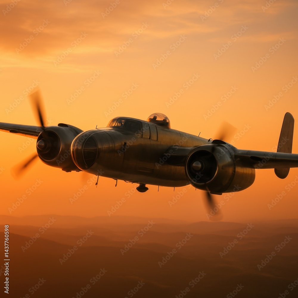 B-25 bomber flying at sunset with golden sky and soft hills. AI-generated