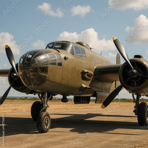 Obraz na płótnie Close-up of B-25 bomber engines and propellers under blue sky. AI-generated w salonie