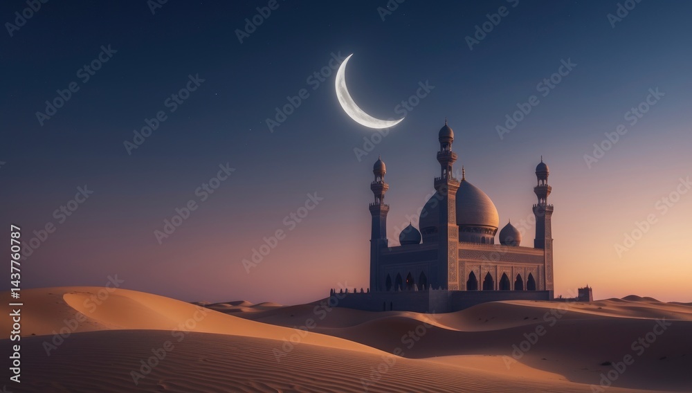 Obraz premium Grand architecture stands in a tranquil desert beneath a crescent moon and starry, calming night