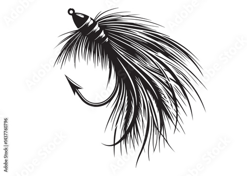 Black silhouette of a fly fishing logo vector, fly fishing lure logo icon silhouette, fly fishing hook silhouette, fly fishing flies silhouette vector design on white background 