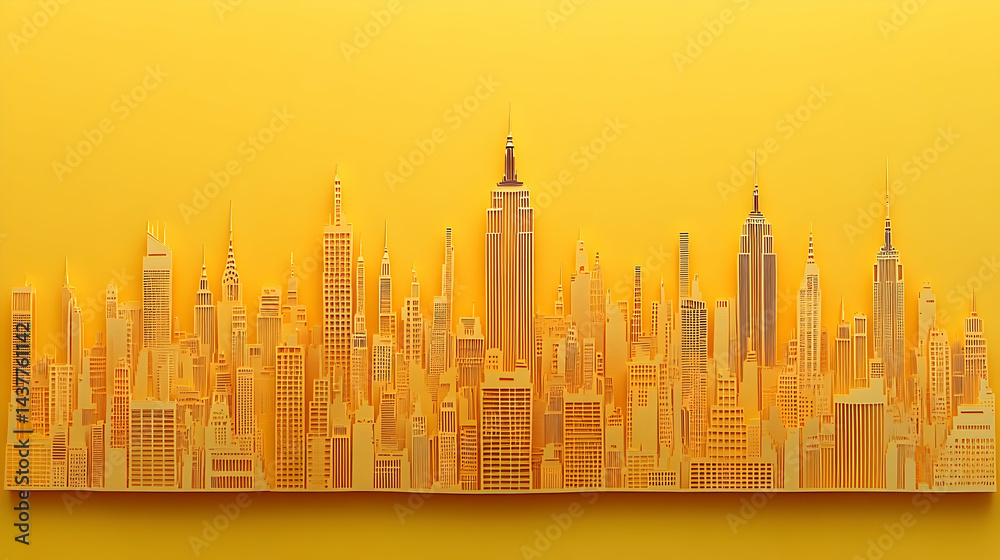 Obraz premium A monochromatic cutout-style illustration of a cityscape featuring tall detailed skyscrapers in shades of yellow