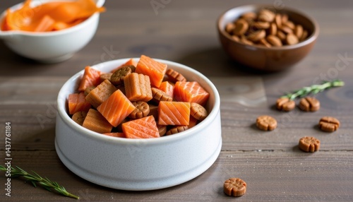 Delicious Salmon Biscuit Dog Treats in Bowl Healthy Pet Food Close up