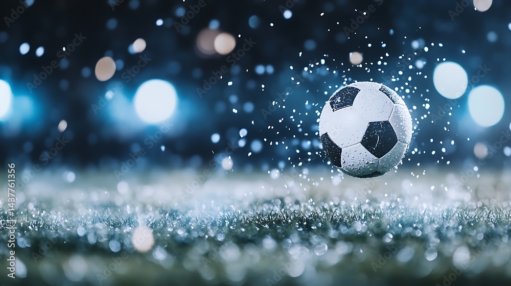 Naklejka premium Exciting soccer match under rain stadium sports photography nighttime action-packed scene