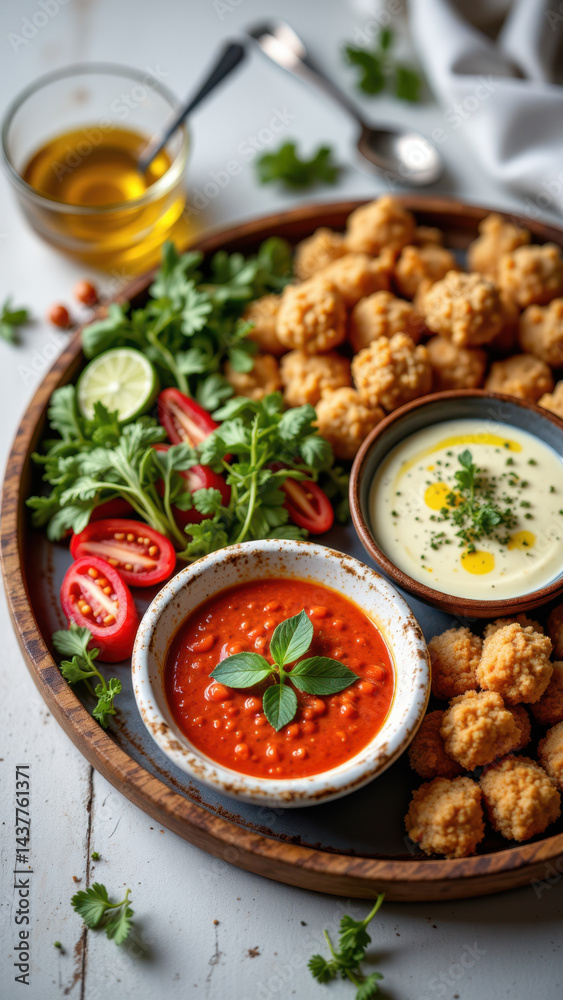 Fresh appetizers served on a wooden plate with dipping sauces for a Mediterranean meal experience. Fresh appetizers served on a wooden plate with dipping sauces for a Mediterranean meal experience.