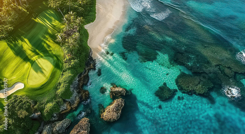 Golf Course Meets the Ocean: A Stunning Aerial View of Coastal Greenery and Turquoise Water