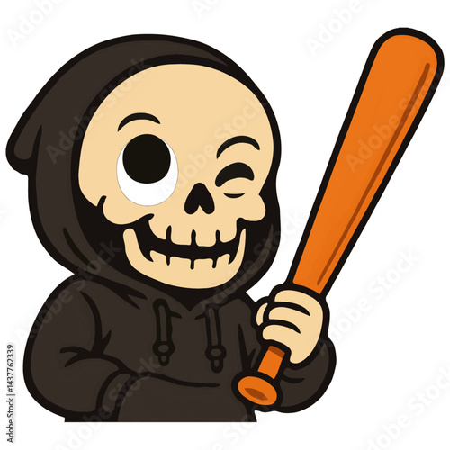 Cute cartoon skeleton in black hoodie winking and holding an orange baseball bat, white background