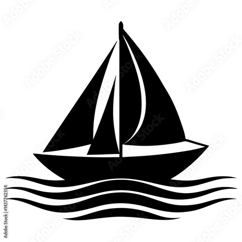 Black and white silhouette illustration of a sailboat sailing on calm water between two dark land masses 