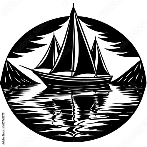 Black and white silhouette illustration of a sailboat sailing on calm water between two dark land masses 