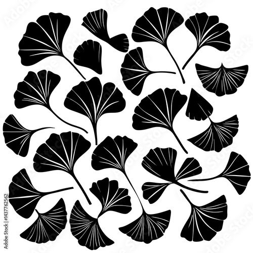 Black silhouette illustration of multiple ginkgo leaves scattered across a white background 