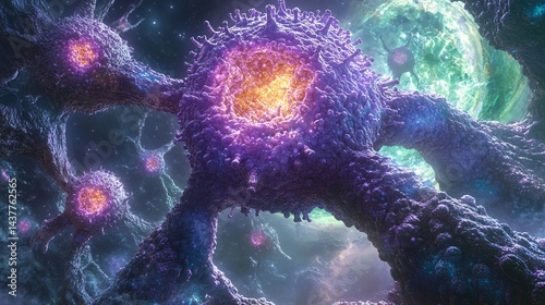 microscopic view of viruses and immune cells in the human body in space