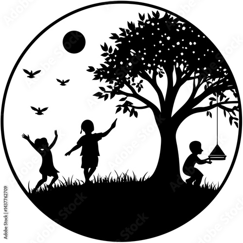 Children Playing in Countryside Silhouette Joyful Rural Life black color vector