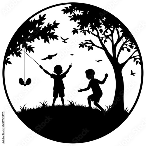 Children Playing in Countryside Silhouette Joyful Rural Life black color vector