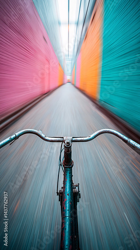 first-person view from bicycle handlebars riding through colorful abstract surroundings, dynamic motion blur effect capturing speed, freedom, and vibrant urban cycling experience
 photo