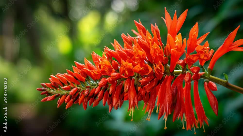 Closeup of vibrant red flower blooms cascading along a stem in blurred tropical forest