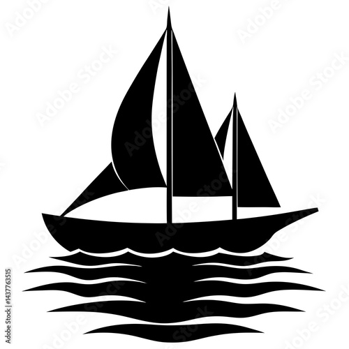 Black and white silhouette illustration of a sailboat sailing on calm water between two dark land masses 