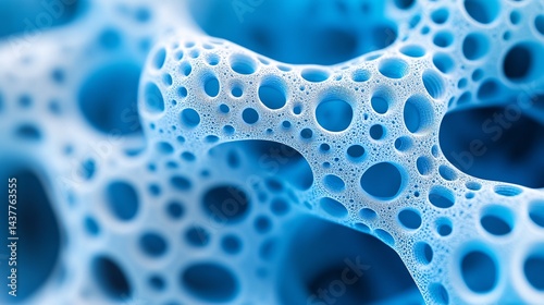 microstructure of a blue porous material with circular holes in high detail