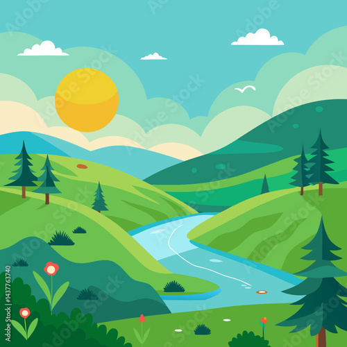 Beautiful nature scene in afternoon flat illustration landscape design background