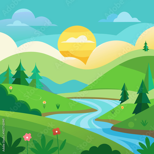 Beautiful nature scene in afternoon flat illustration landscape design background