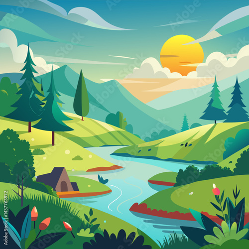 Beautiful nature scene in afternoon flat illustration landscape design background