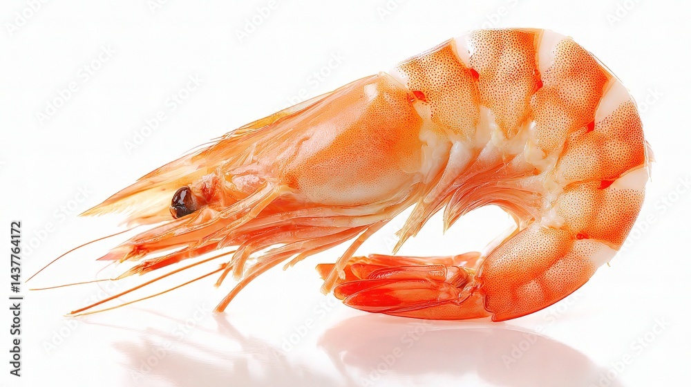 Boiled Shrimp Curved with Visible Shell on White Background Boiled Shrimp Curved with Visible Shell on White Background