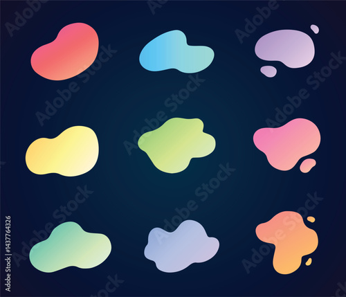 Vector set of abstract gradient iridescent shapes, banners, liquids. Shiny pastel color isolated liquid elements. Set of Abstract Modern Graphic Elements. 