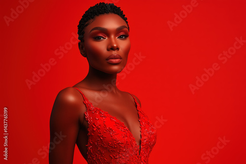 Beautiful African American woman in low-cut dress with deep neckline, black fashion model portrait on red background
