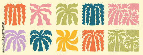 abstract boho palm tree tropical art set. retro groovy wavy summer palms. vector square tropical icons in hand drawn style for logo, print, poster, social media
