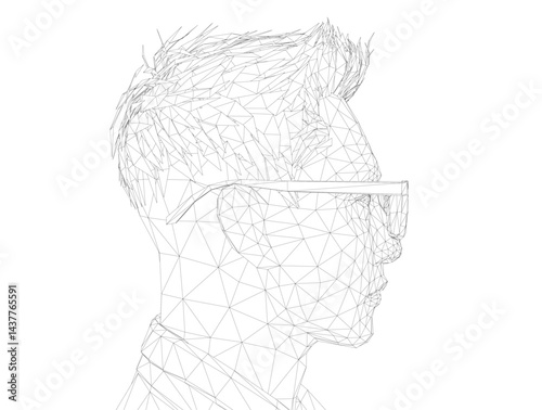A man with glasses is drawn in a black and white style. The image is abstract and has a modern feel to it. Side view