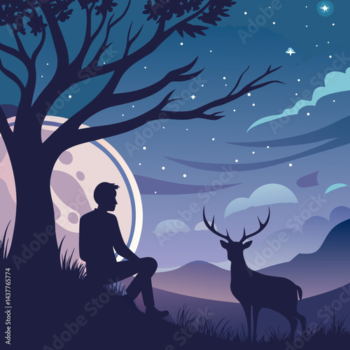 A man sits under a tree at night looking up at