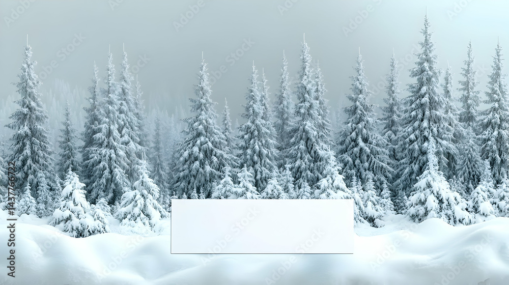 Naklejka premium Blank sign in snowy forest Winter wonderland scene (1)