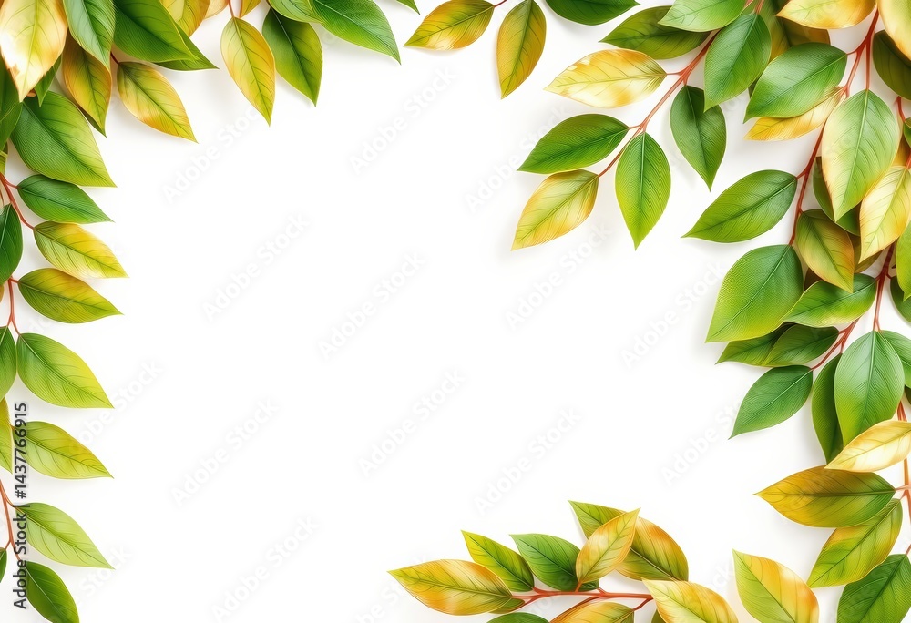 Naklejka premium Gold leaf frame watercolor style, green leaves on white background, space, foliage