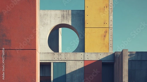 Architectural facade. Geometric shapes, colorful panels, and circle window against a blue sky