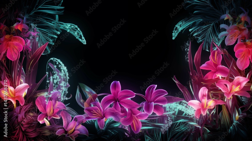 Obraz premium Bright neon-tube outlines of lilies, orchids, and ferns across