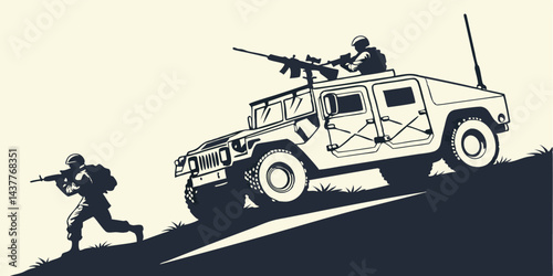 Military Armored Vehicle Vector Silhouette, Tactical Army Humvee Truck Illustration