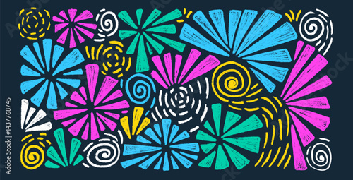 Firework drawing by crayon set. Colorful night party firecrackers and splashes in scribble doodle style isolated on dark background. Carnival decoration. Vector hand drawn by pencil illustration.