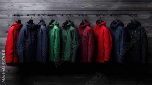 Variety of colorful jackets on hangers