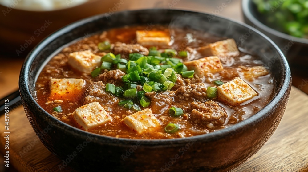 Spicy, savory tofu and ground meat stew. A comforting bowl of hot, flavorful Asian cuisine Spicy, savory tofu and ground meat stew. A comforting bowl of hot, flavorful Asian cuisine