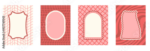 Geometric girly retro scallop frames invitation blanks set. Wavy groovy arch, rectangle and oval borders isolated on white background. Red poster decorative elements. Vector text box illustration.
