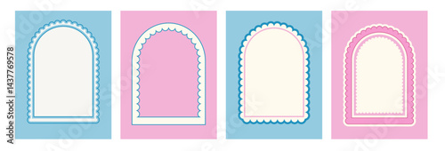 Arch scallop frames set. Wavy edges geometric doodle template isolated on Wave groovy arc borders background. Poster with door portal elements. Vector illustration.