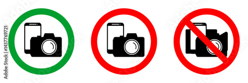 photo video recording not allowed red circle sign, green allowed round vector icon, 3 pictogram collection